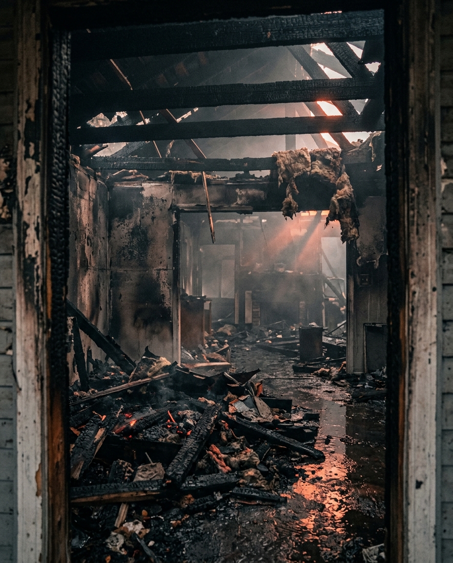 Fire-damaged interior. Restoration in progress.